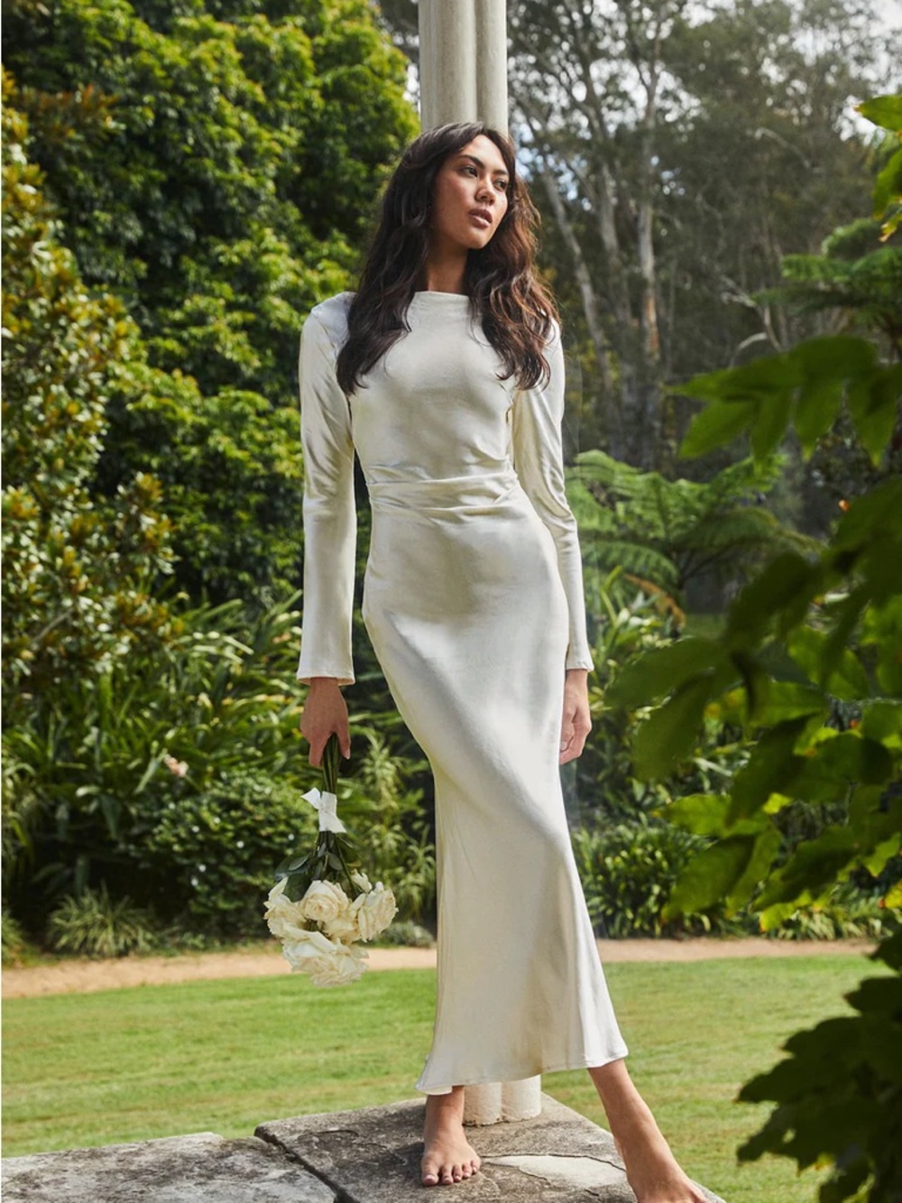 Selfie Leslie Elegant Long-Sleeve Satin Maxi Dress in Ivory